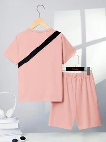 SHEIN Tween Boys' Comfortable Round Neck Short Sleeve T-Shirt And Shorts, With Shoulder Bag