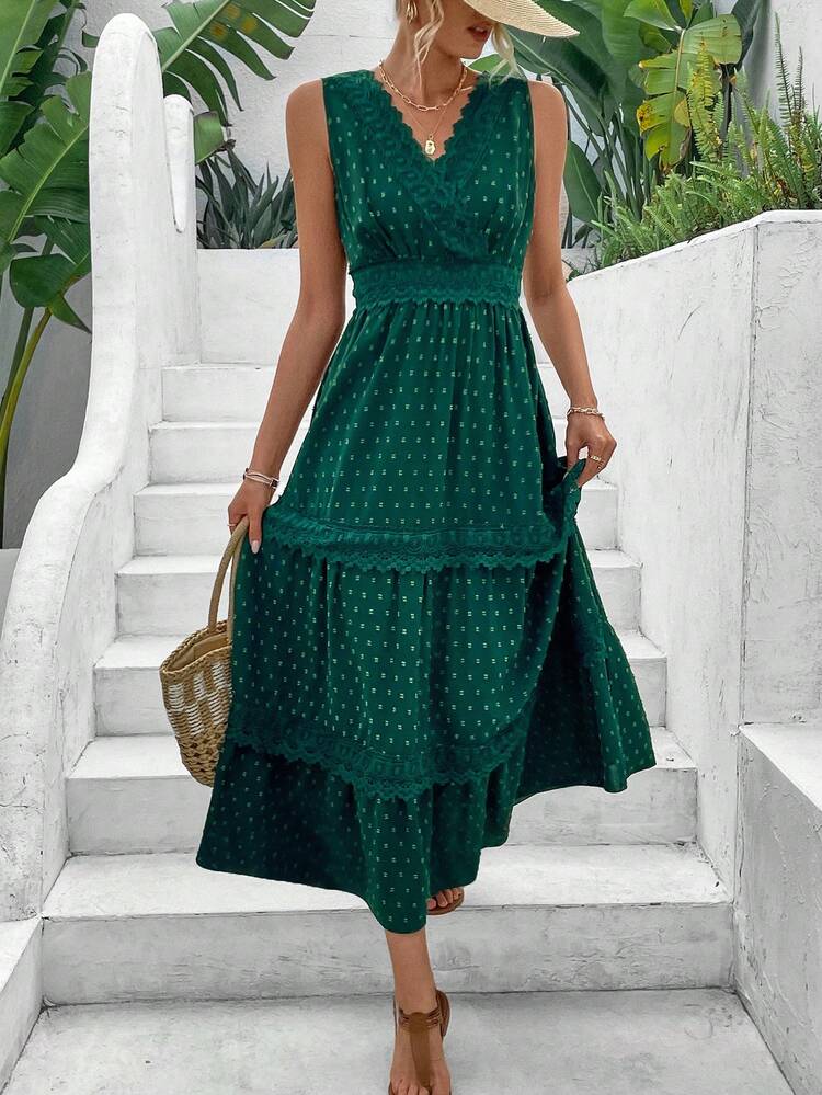 Ladies' Spliced Lace Dress With Swiss Dots Pattern