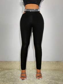 SHEIN SXY Women's Diamond-Studded Hollow Out Leggings - Black - View 5