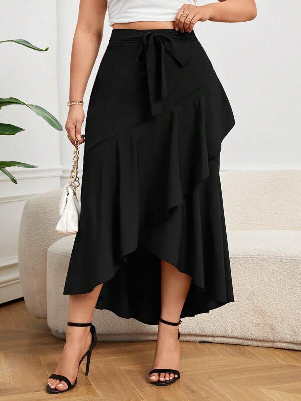 SHEIN Privé Negru, elegant, ținută de zi cu zi, cu fundă, tiv fluture, volane asimetrice contrastante, fustă sirenă de mărime mare, perfectă pentru cumpărături