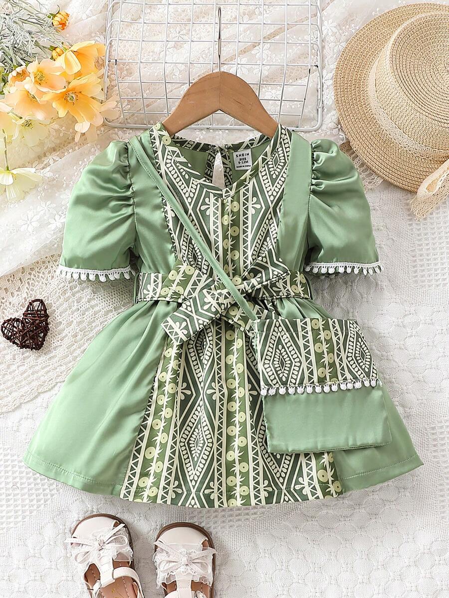 Baby Girl Green Satin Geometric Pattern Print Patchwork Lace Dress With Bag Belt - Multicolor - View 1