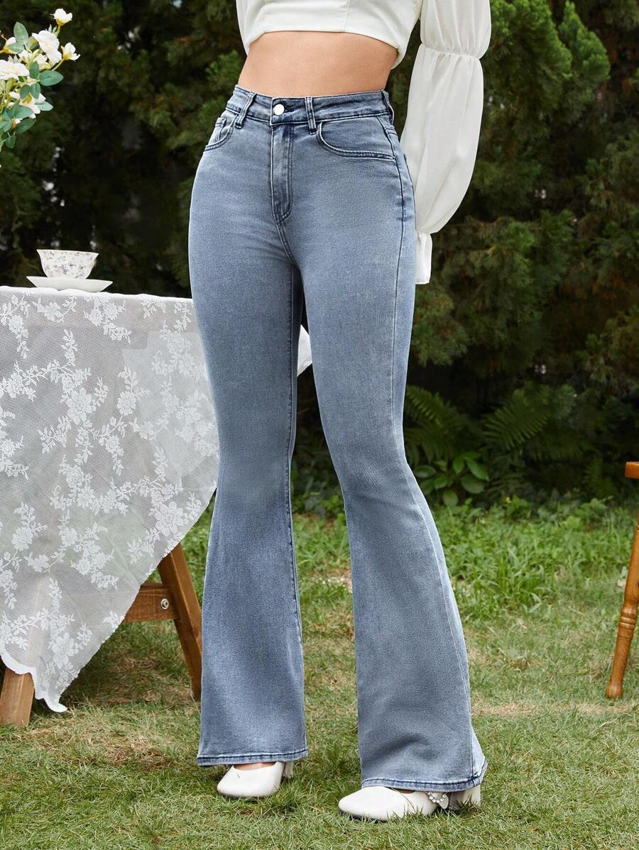 SHEIN PETITE Women's Solid Color Slant Pocket Flared Jeans - Dusty Blue - View 1