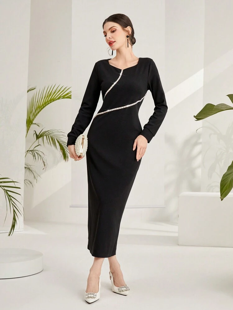 Women's Beaded Weaving Splicing, High Slit Dress Fall Cloth For Women