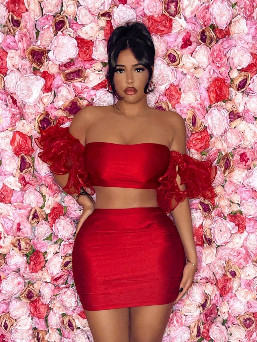 SHEIN SXY Women's Valentine's Day Date Outfit, Two-Piece Set - Red - View 1