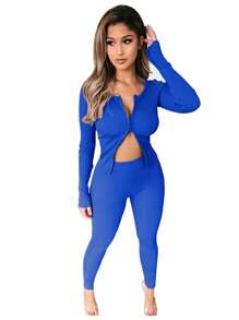 拉鍊長袖上衣和鉛筆褲,春季針織套裝女裝 - 藍色 - 查看 1