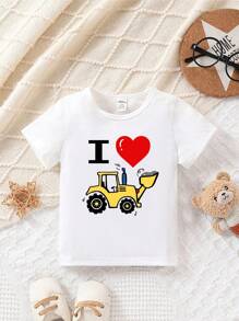 Baby Boy Casual Letter And Heart Print Short Sleeve Top Suitable For Summer - White - View 1