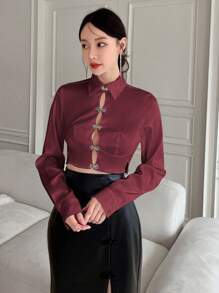 EastFlair Women'S Chinese Style Button Up Long Sleeve Shirt - Burgundy - View 4