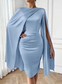 SHEIN Lady Women's Asymmetrical Cape Design Mid-Length Satin Dress - Baby Blue - View 3