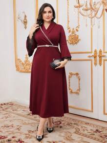 Modelyn Burgundy Red Plus Size Beaded Tassel Lace Trim Flared Sleeve Dress With Rhinestone Detailing,Elegant Evening Party Dress Long Evening Dresses - Burgundy - View 7