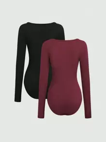 Sweetra Women's 2pcs Long Sleeve Slim Fit Bodysuit Fall Cloth For Women - Burgundy - View 2