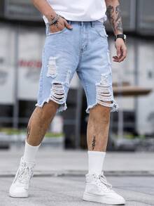 Manfinity LEGND Nam Kích thước lớn Rách Và Frayed Cạnh Quần short Denim - Rửa nhẹ - Xem 4