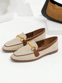 Zapato de mujer de estilo británico con caña alta para otoño/invierno, nuevo diseño de zapato casual retro de dos tonos, zapato de tacón plano con hebilla metálica y punta cuadrada, mocasín - Albaricoque - Ver 3