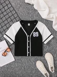 SHEIN Teen Girls' Digital Embroidery Pattern Color Block Casual T-shirt - Black and White - View 6