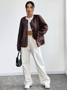 SHEIN Unity Women'S Single-Breasted Collarless Coat Fall Winter Cloth For Women - Coffee Brown - View 5