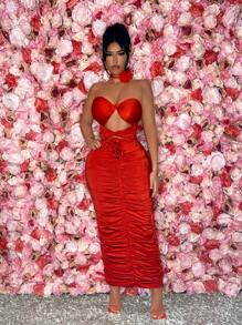 SHEIN SXY Valentine's Day Sexy Red Prom Heart  Spring  Party Date Night  Ruffle Hollow Out Women Elegant Party Strapless Pleated Floor-Length  With 3d Flower Decoration