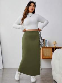 SHEIN EZwear Plus Size Women's Plain Knitted Maxi Skirt - Army Green - View 5