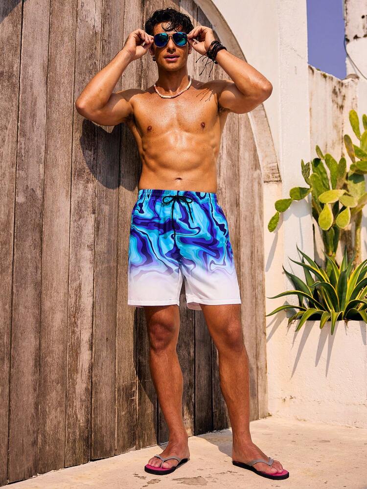 Men'S Marble Print Gradient Color Drawstring Waist Beach Shorts