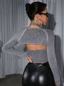 SHEIN ICON Women's Ribbed Hollow Out Short Cropped Cardigan With Open Front - Grey - View 2