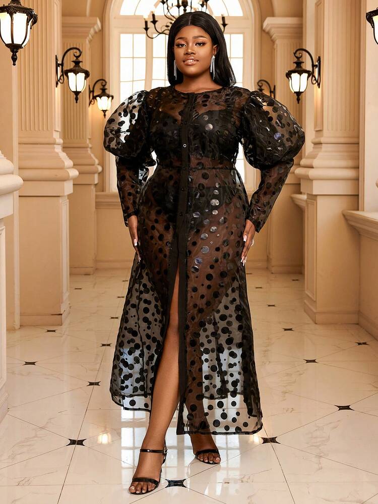 Damen-rundhals-mesh-kleid Mit Langen Ärmeln In Übergröße - Schwarz - Übersicht 4