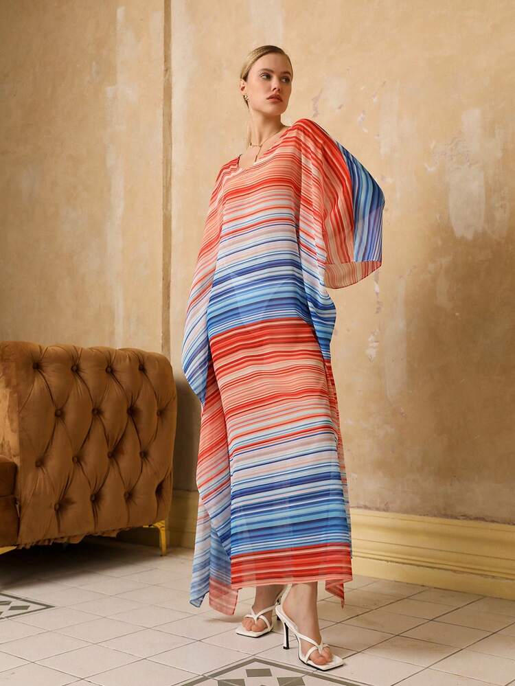 Women'S Striped Batwing Sleeve Dress Fall Cloth For Women