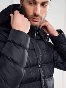 RueChic Men Zip Up Drawstring Hooded Puffer Coat - Black - View 3