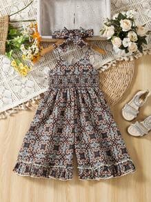 Baby Girl Full Printed Strap Jumpsuit - Multicolor - View 1