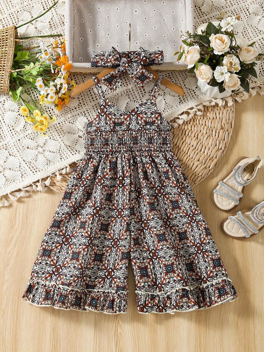 Baby Girl Full Printed Strap Jumpsuit - Multicolor - View 1