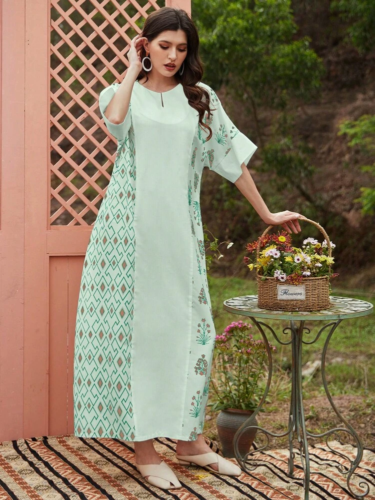 Women's Geometric & Plant Printed Batwing Sleeve Dress