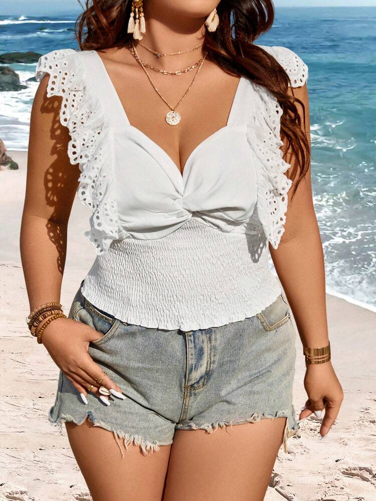 Plus Size Knot Detail Shirred Hem Blouse