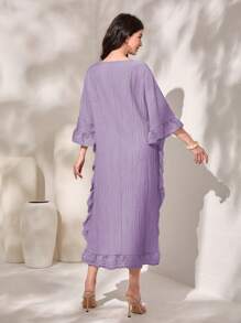 Seusyu 女款 V 領撞色荷葉邊下擺拼布連身裙