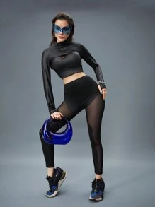 Innovista 3 in 1 Kunstleder Push-Up Sport-BH mit V-Ausschnitt und abnehmbarem Crop Top, atmungsaktive Mesh-Einsatz Sport-Leggings, 3-teiliges sexy Sport-Outfit - Schwarz - Übersicht 3