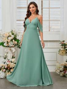 SHEIN Belle Elegant, Romantic And Elegant Women's Spring Wedding Season Spaghetti Straps High Waist Ruffle Sleeves Green Chiffon A-Shaped Umbrella Hem St. Patrick's Day Holiday Season Bridesmaid Dress