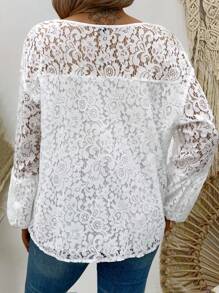 SHEIN Plus Tassel Tie Neck Lantern Sleeve Guipure Lace Blouse Fall Cloth For Women - White - View 2
