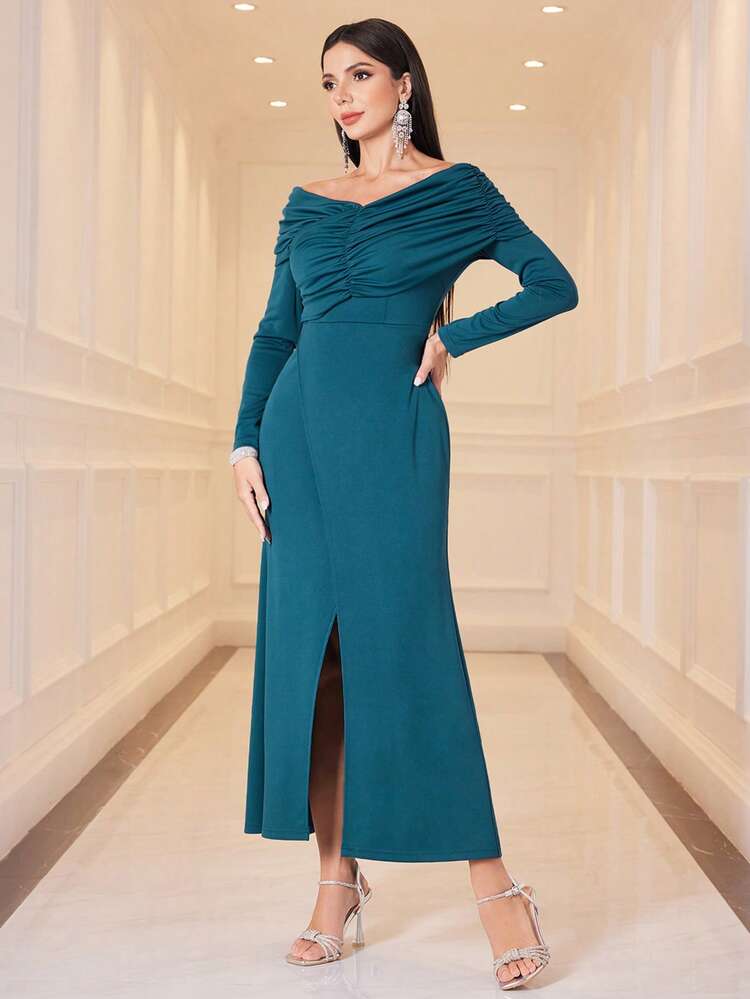 Pleated Detail Long Sleeve Dress Without Waist Belt Long Evening Dresses