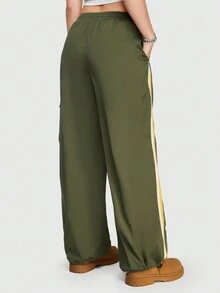 ROMWE Street Life 女休閒工裝褲,鬆緊腰帶,抽繩閉合,口袋,色塊設計（綠色/黃色） - 軍綠色 - 查看 5