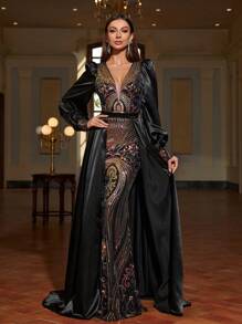 Faeriesty Plunging Neck Lantern Sleeves Sequin Formal Dress - Black - View 3