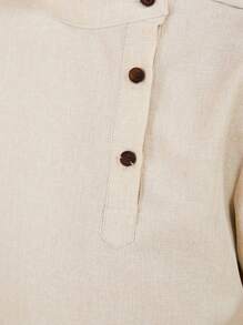 SHEIN Tween Boys' Loose Fit Cute Stand Collar Solid Weave Short Sleeve Shirt - Khaki - View 9