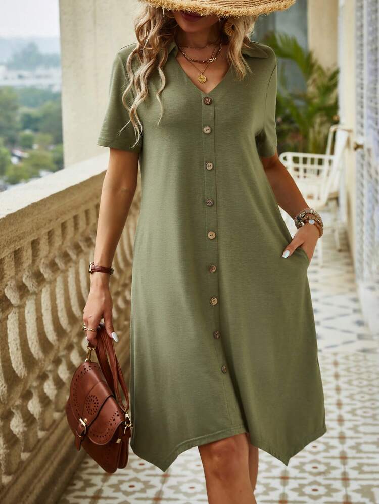 Solid Colored Asymmetric Hem Dress With Button Front Closure