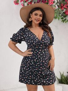 SHEIN VCAY Plus Size Kiểu dáng kỳ nghỉ ngắn Váy cổ chữ V sâu Ditsy in hoa - Nhiều màu - Xem 4