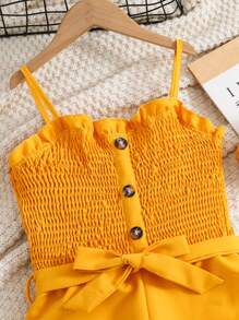 Elladie kids Tween Girl Ruffled Trim Shirred Bodice Belted Slip Jumpsuit With Wide Leg - Mustard Yellow - View 6