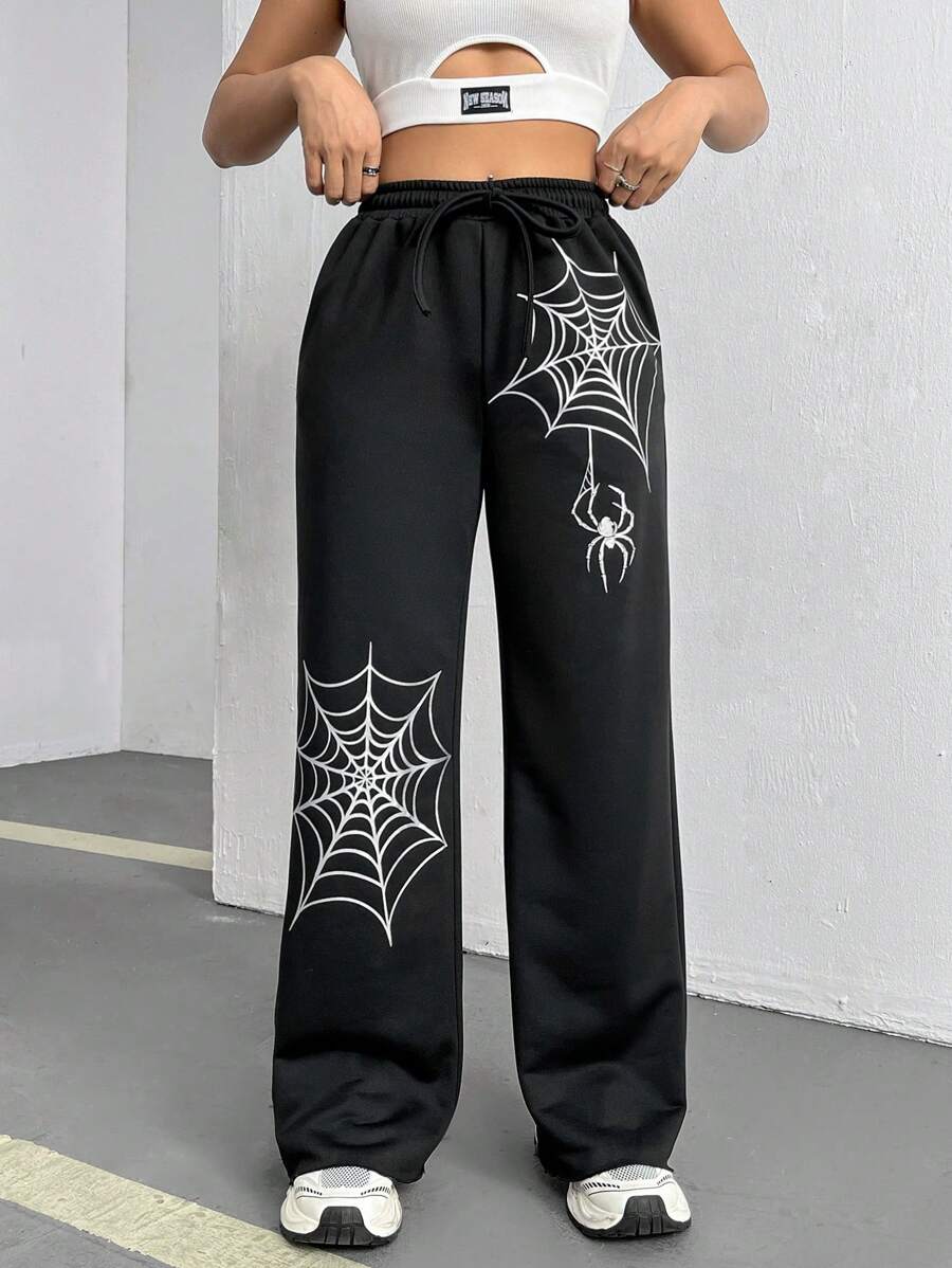 SHEIN EZwear Pantalones De Chándal Con Pierna Recta Y Diseño De Araña Para Mujer - Negro - Ver 1