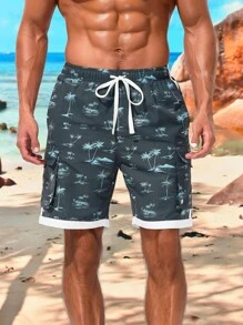 Surfspeed Men's Coconut Tree Print Drawstring Beach Shorts - Dark Grey - View 5