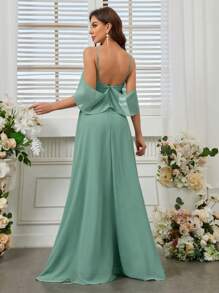 SHEIN Belle Elegant, Romantic And Elegant Women's Spring Wedding Season Spaghetti Straps High Waist Ruffle Sleeves Green Chiffon A-Shaped Umbrella Hem St. Patrick's Day Holiday Season Bridesmaid Dress