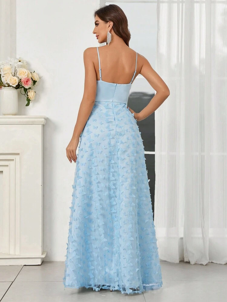 Elegant Romantic Sky Blue With Floral Butterfly Embellishments Spaghetti StrapsDeepVNeckline And Flowy A-Line Dress (Heavy Duty) Women's Evening Dress