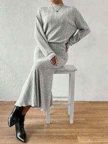 SHEIN Essnce 立領長袖羅紋針織上衣裙套裝 - 灰色 - 查看 3