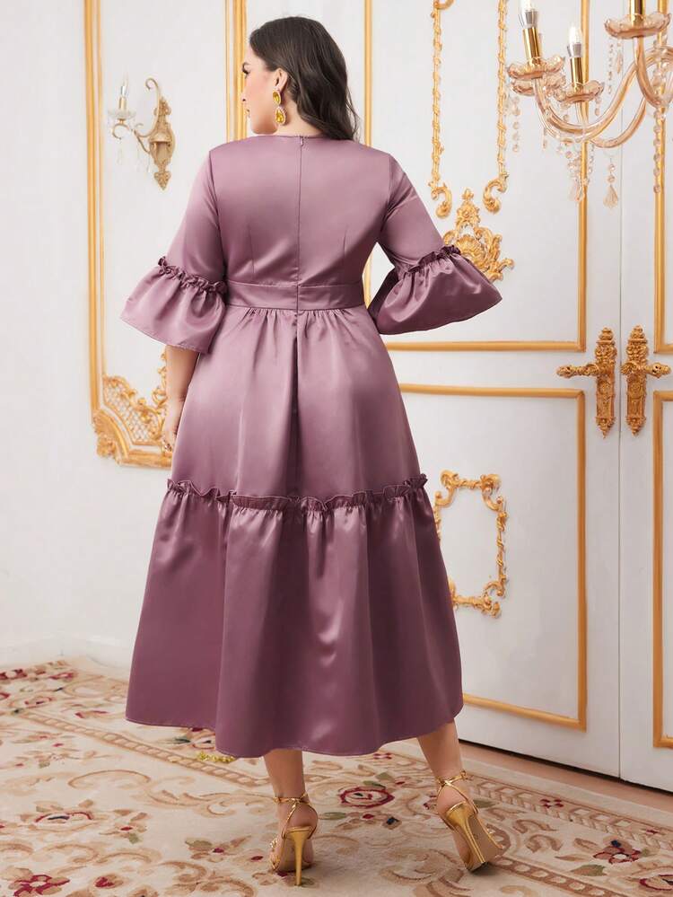 Plus Size Embroidered Shiny Glitter Flare Sleeve Dress Long Evening Dresses