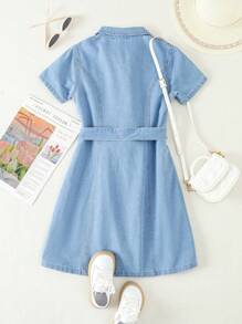 SHEIN Tween Girls Casual, Comfortable, Simple Denim Dress - Medium Wash - View 2