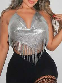 SHEIN SXY Valentine's Day Moda Mujeres Hermosas Top De Halter Ajustable Sin Tirantes Sin Espalda Corto Ajustado Con Cuello Profundo, Sexy Para La Noche En El Club Con Borla De Metal