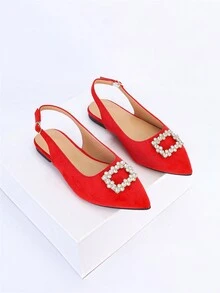 Women's Spring And Autumn New Style Flat Shoes With Rhinestones Decoration, Suedette, Pointed Toe And Chunky Heel Design - Red - View 2