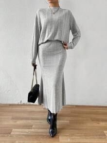 SHEIN Essnce 立領長袖羅紋針織上衣裙套裝 - 灰色 - 查看 5